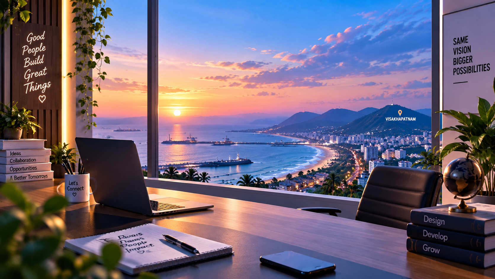 Contact Hero Workspace with Panoramic Visakhapatnam Coastline